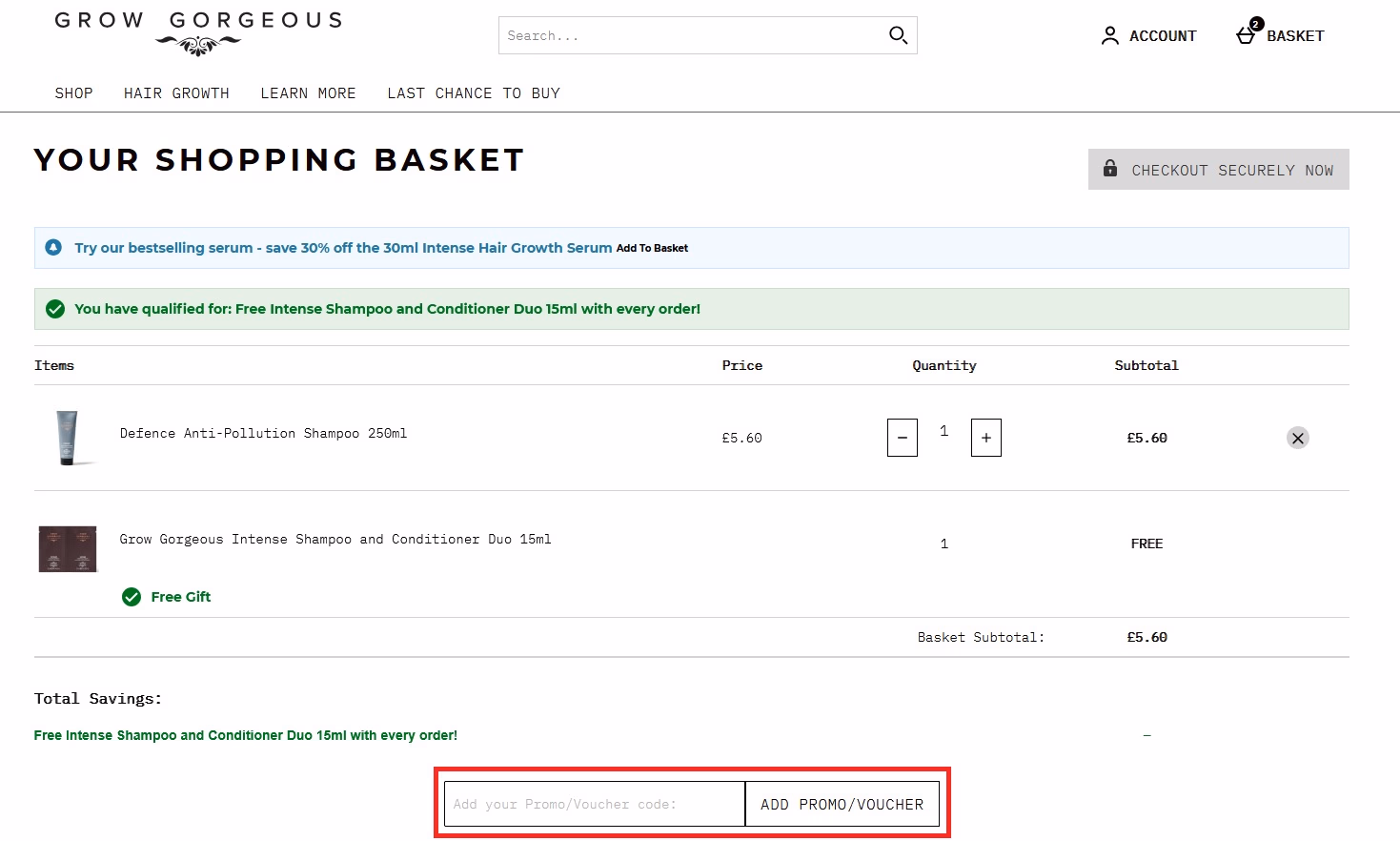 Grow Gorgeous checkout page and box for discount codes.